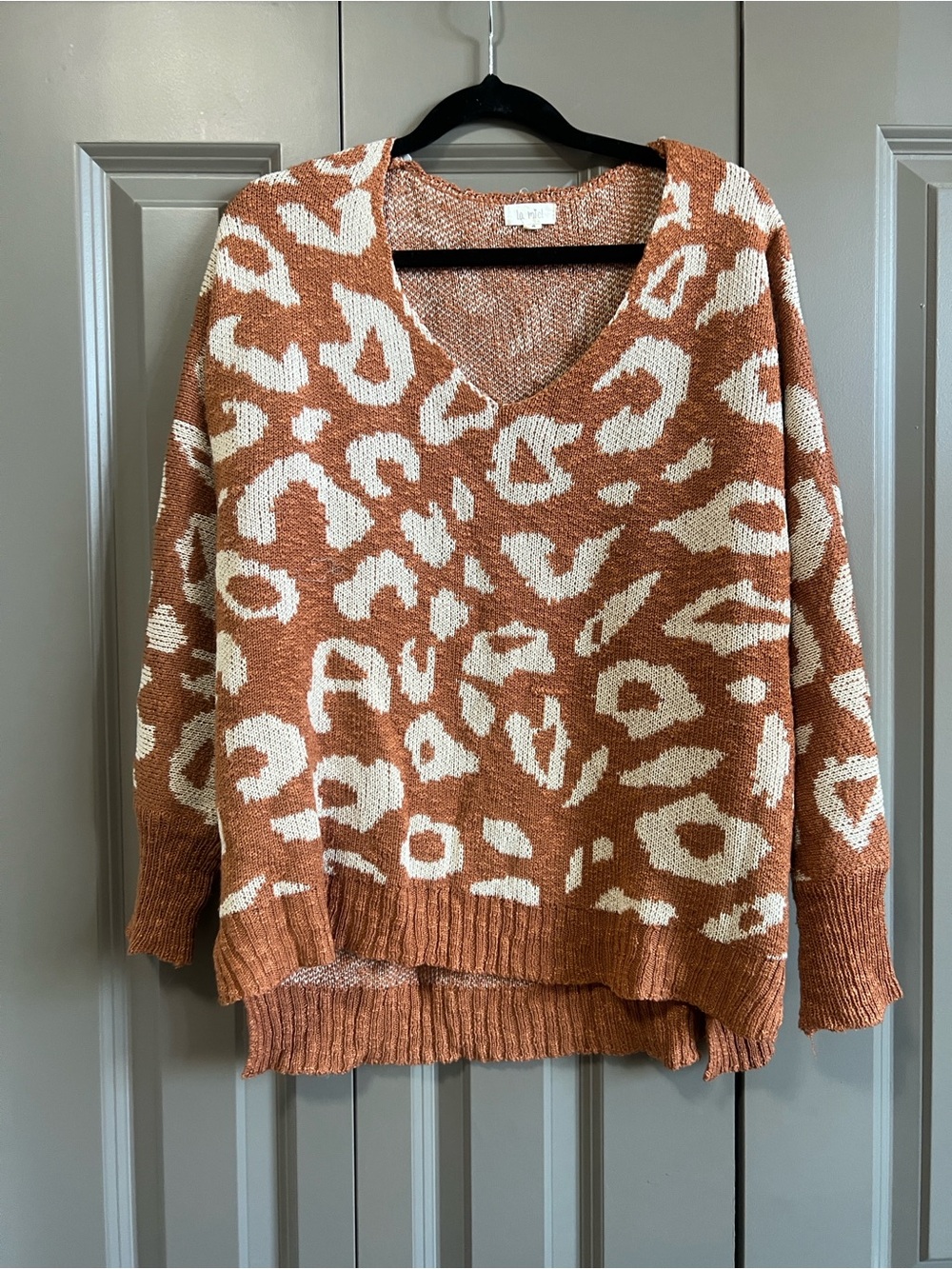LA MIEL Rust and Cream Leopard Print V-Neck Sweater